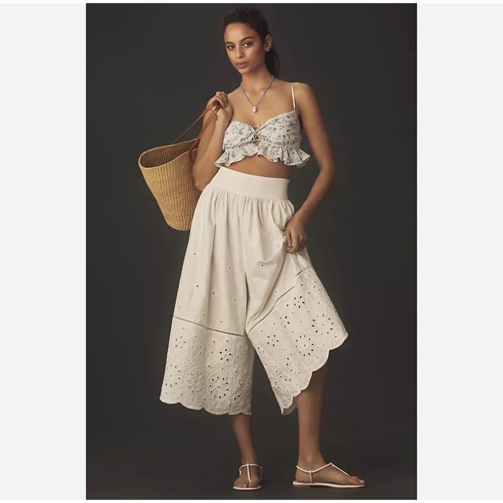 Anthropologie Maeve Embroidered pants Culottes White XS